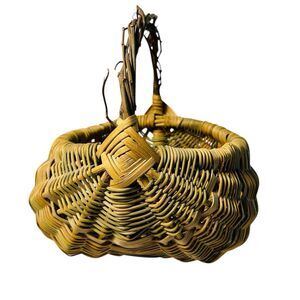 Vintage Hand Woven Buttocks Egg Basket Branch Handle Multicolor 9X10" Farmhouse